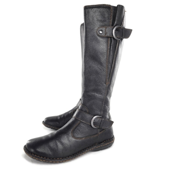 Born Faye Black Pebbled Leather Double Buckle Flat Zip-Up Knee-High Riding Boots - Picture 1 of 15